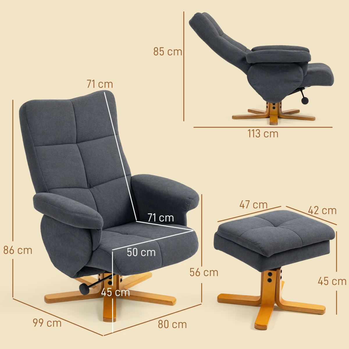 HOMCOM Linen Recliner Chair Wood Base 145 Degree Living Room by HOMCOM