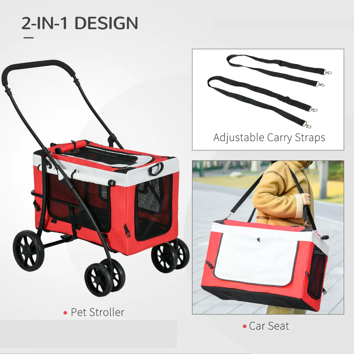 PawHut PawHut Foldable Pet Stroller w/ Detachable Carrier, Soft Padding - Red - Pet Carrier
