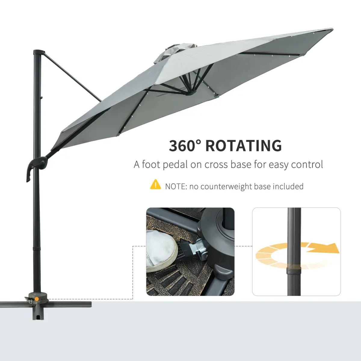 Outsunny 3m Cantilever Roma Parasol Patio Sun Umbrella with LED Solar Light, Grey - Parasol