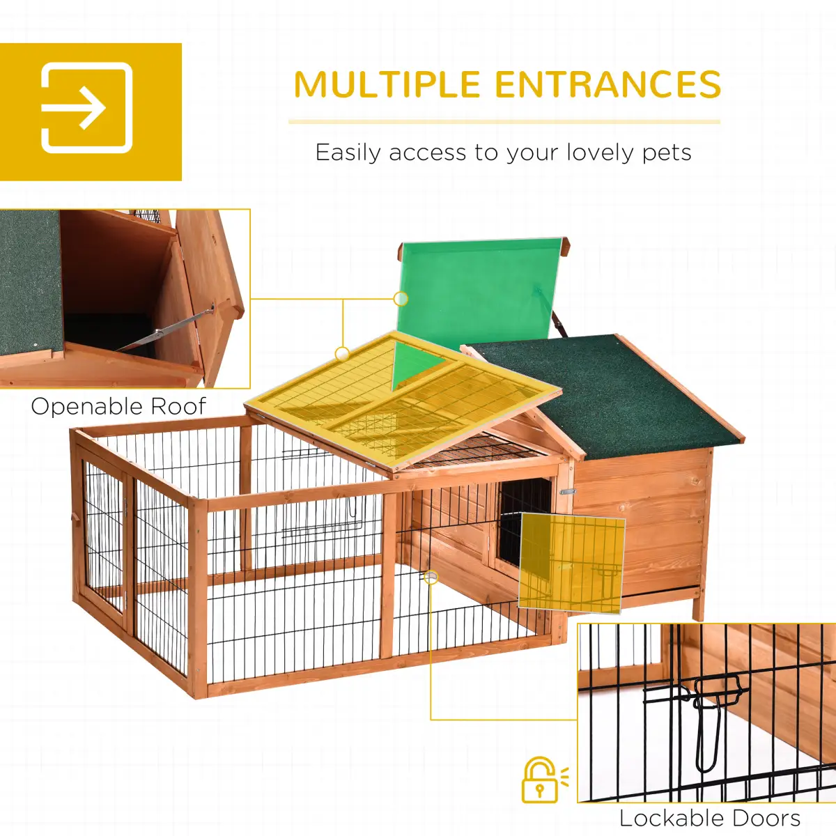 PawHut Wooden Rabbit Hutch Detachable Pet House with Openable Run & Roof - Rabbit Hutch