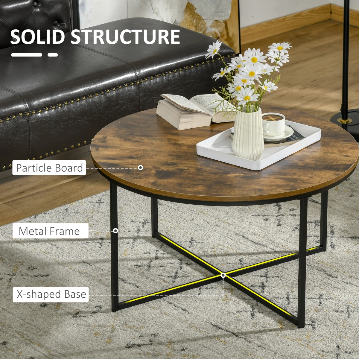 HOMCOM Industrial Round Side Table with Metal Frame, Large Tabletop, Rustic Brown - Dining Table