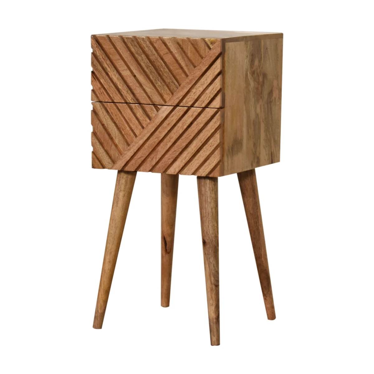 Artisan Furniture Artisan Furniture Bedside Table Mini Compact Solid Mango Wood Two Line Carved Drawers for Small Spaces - Bedside Table