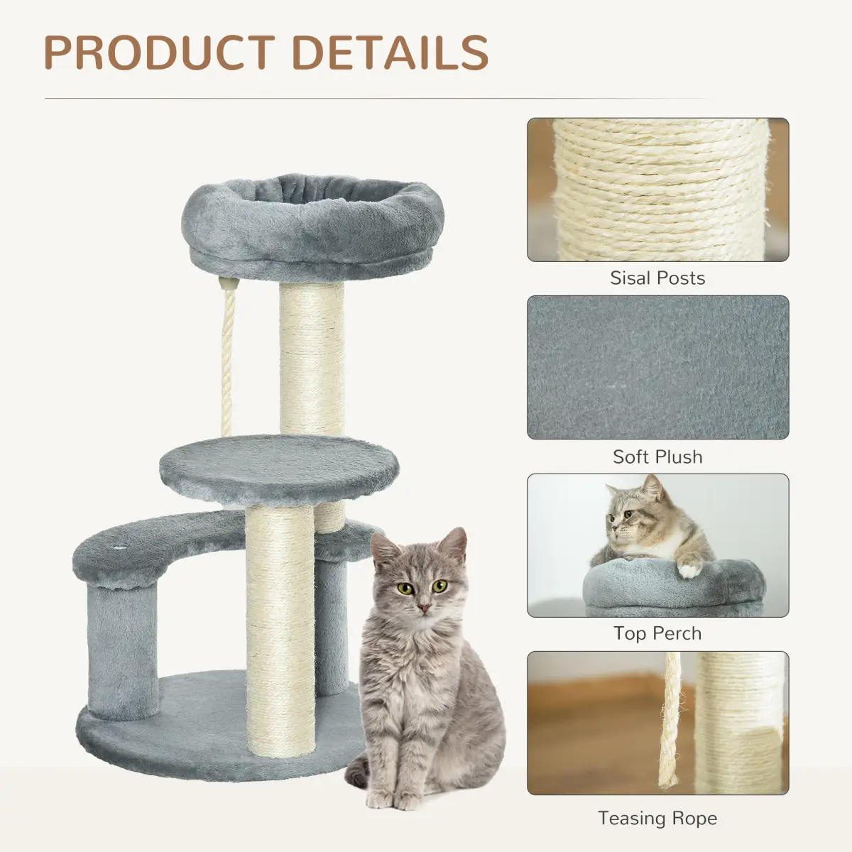 Pawhut Cat Tree Scratcher Kitty Activity Play Center Post 2 Perch w/ Hanging Sisal Rope - Cat Tree