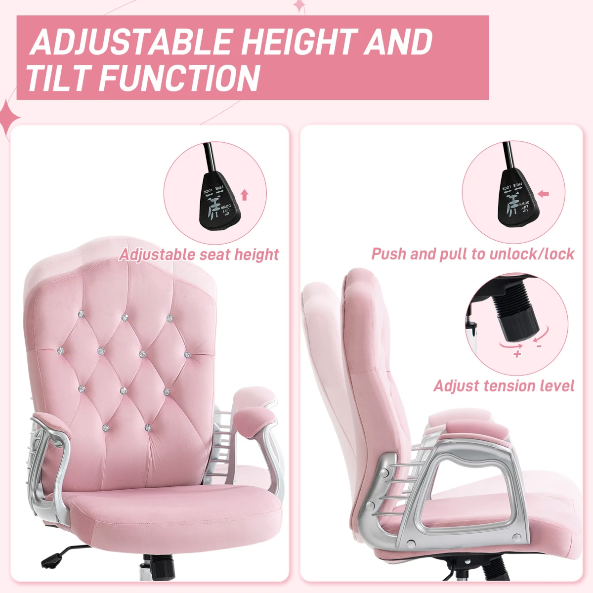 Vinsetto Vinsetto Home Office Chair 47 to 57 cm Height and Tilt Adjustment Velvet Upholstery with Diamonds for Home Office - Office Chair