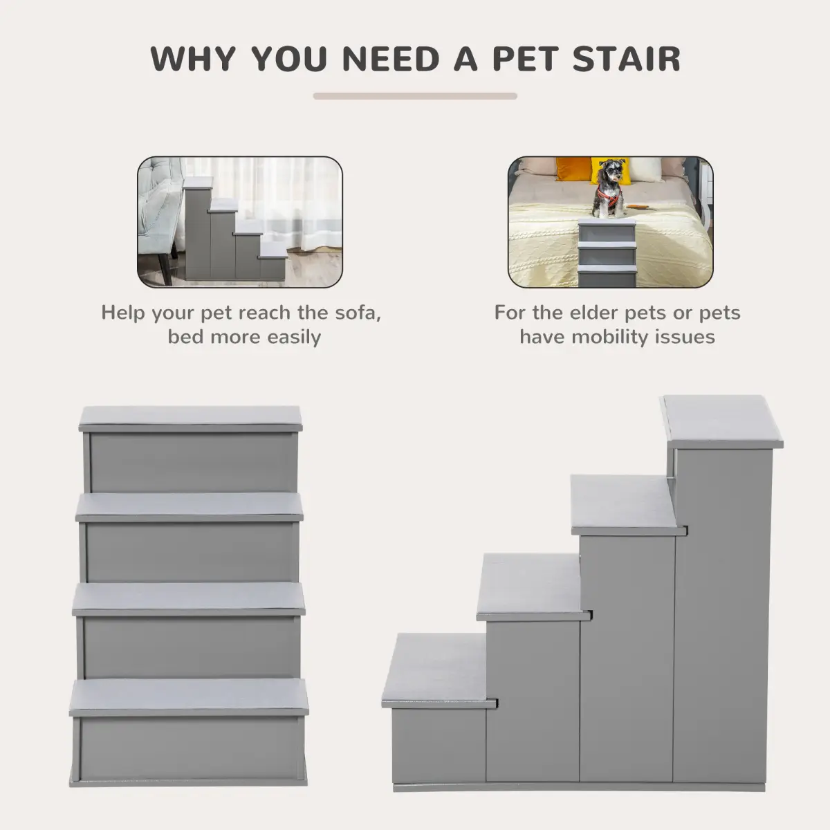 Unbranded 4 Step Wooden Dog Steps Pet Stairs Cat Ladder for Bed Couch, Grey Pawhut - Dog Steps