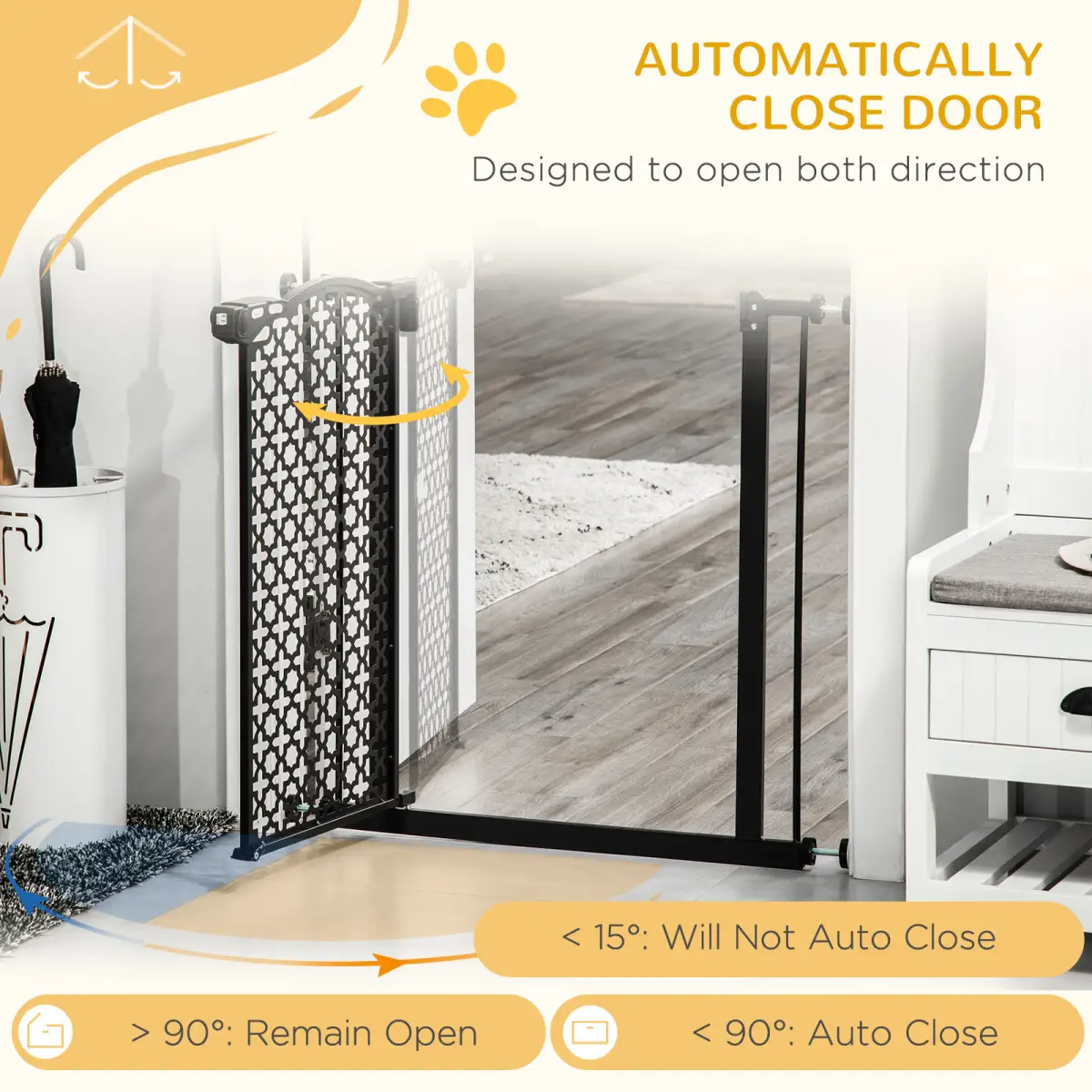 Pawhut 74-80 cm Pet Safety Gate Stair Pressure Fit w/ Auto Close Double Locking, Black - Pet Gate