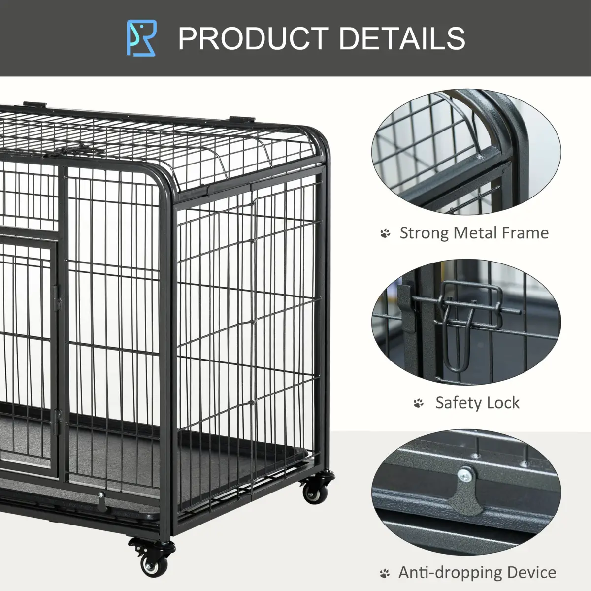 PawHut PawHut 69.5x94cm Metal Dog Cage Kennel w/ Locking Door & Wheels Medium Pets - Dog Kennel