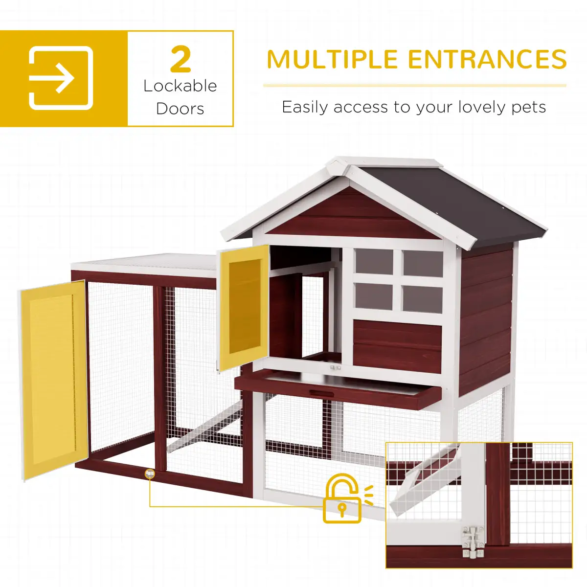 Pawhut 122cm Rabbit Hutch Cage Bunny House Wooden Habitat Pet Small Animal w/ Tray Ramp - Rabbit Hutch