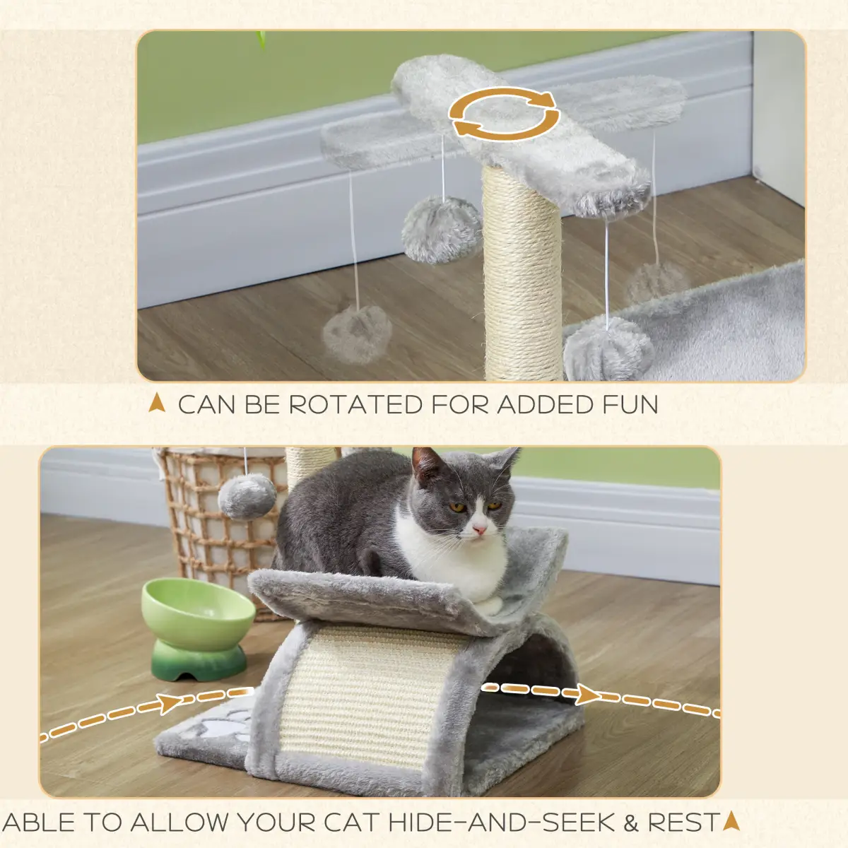 Pawhut Cat Tree Plush Scratcher Activity Play Center Tunnel Dangling Ball - Cat Tree