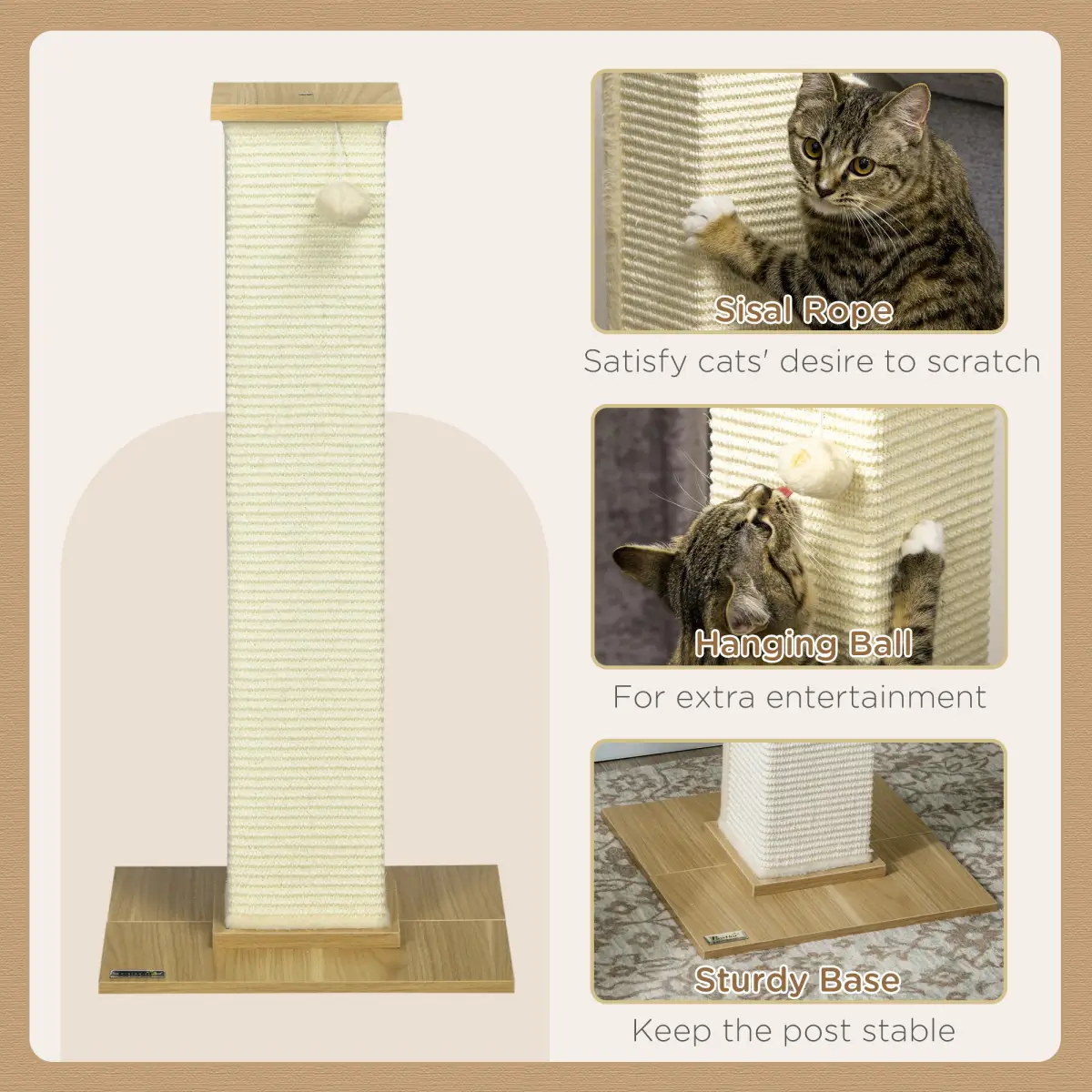 PawHut 80cm Sisal Rope Scratching Post w/ Toy Ball - White - Cat Tree
