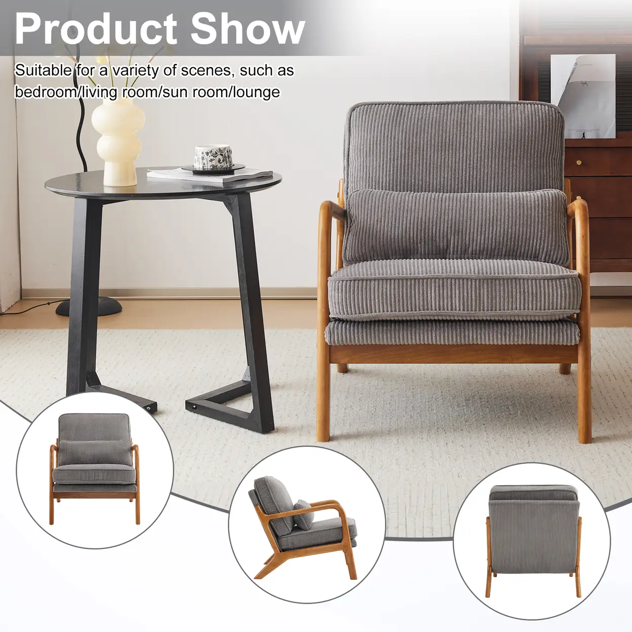 N/A Low Arm Accent Chair - Light Gray Corduroy Upholstered Indoor Lounge Chair, Compact Single Seater with Sturdy Frame (330LBS Weight Capacity) - Accent Chair