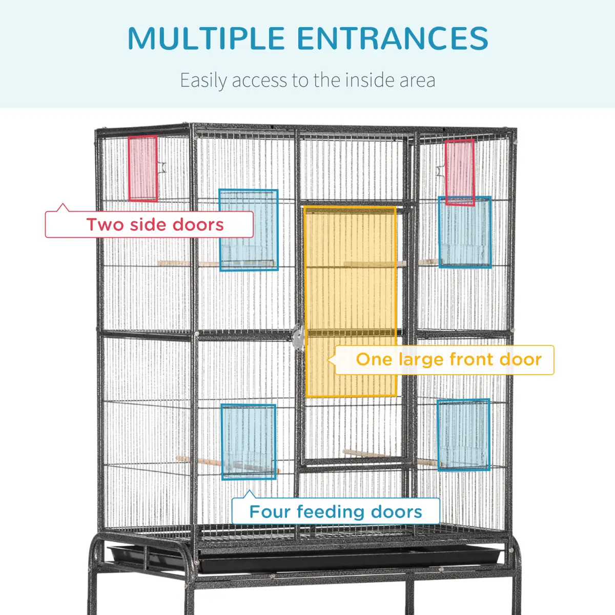 Pawhut Rolling Bird Cage w/ Detachable Stand, Storage Shelf, Wood Perch, Food Container - Bird Cage