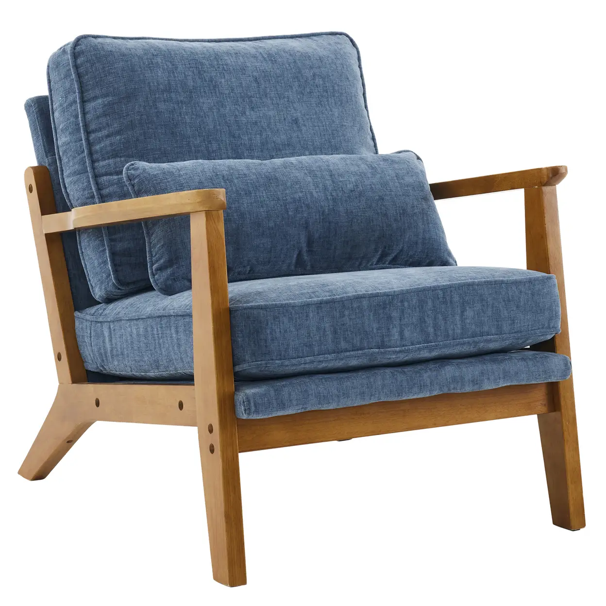 N/A Mid-Century Oak Accent Chair - Deep Navy Blue Chenille Upholstered Single Lounge Chair, Sturdy Wood Frame Indoor Armchair (330LBS Weight Capacity) - Accent Chair