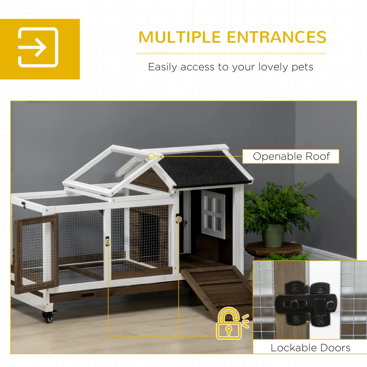 PawHut Rabbit Hutch Guinea Pig Cage with Slide-out Tray Wheels for Outdoor & Indoor - Rabbit Hutch