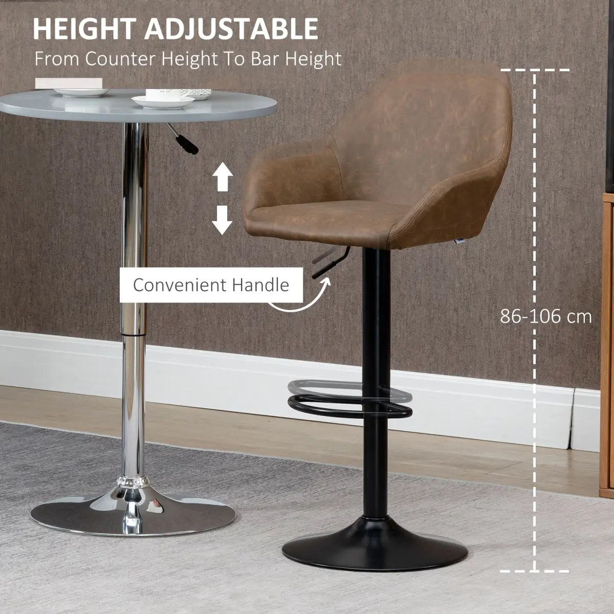 HOMCOM Set of 2, Swivel Barstools Footrest Backrest, PU Leather and Steel Brown - Bar Stool