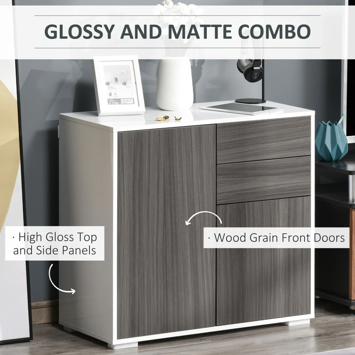 HOMCOM Premium Side Cabinet Compact Two Doors Two Drawers Glossy Top Matte Front Grey For Home Office - Sideboard
