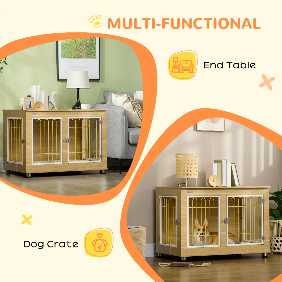 PawHut Dog Crate Furniture, Dog Crate End Table w/ Soft Cushion, Double Door - Oak Tone - Dog Crate
