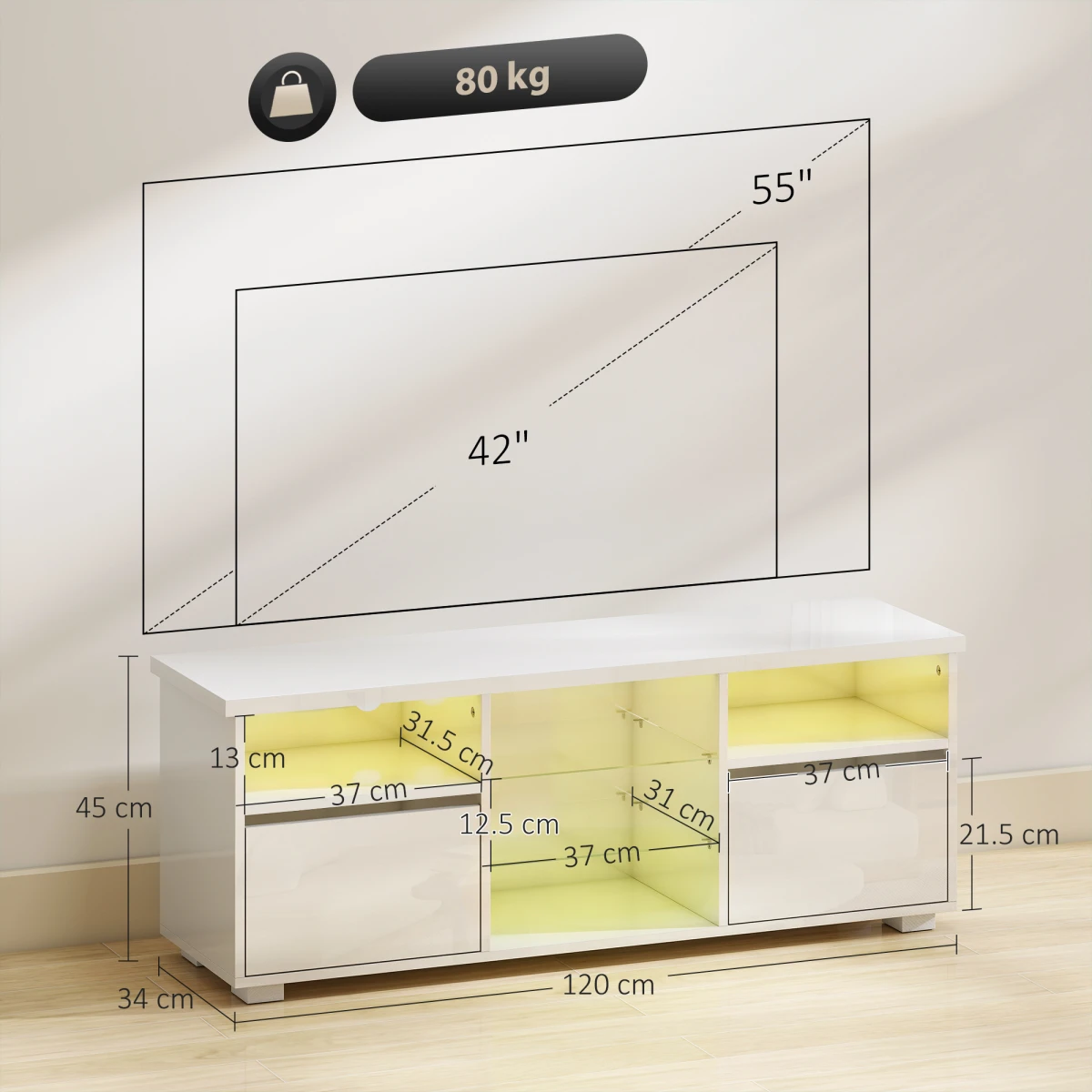 HOMCOM High Gloss TV Stand For 55in TV LED Lights RGB by HOMCOM