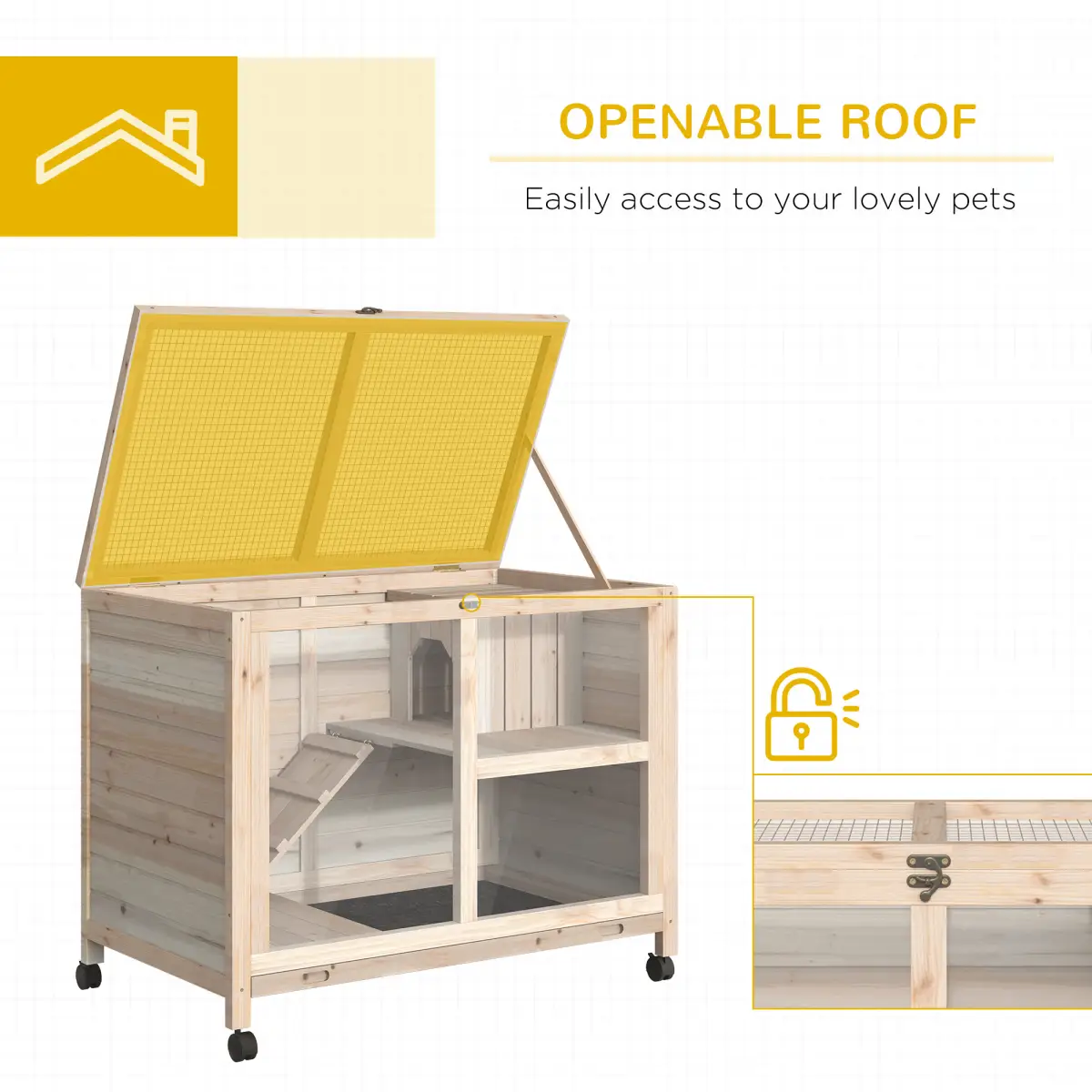Pawhut Indoor Rabbit Hutch Guinea Pig House Bunny Cage Openable Roof, Natural - Rabbit Hutch