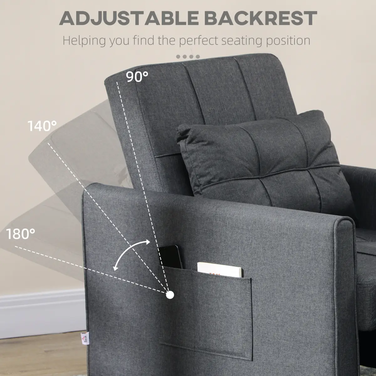 HOMCOM HOMCOM Pull Out Chair Bed, Sleeper Chair with Pillow, Side Pockets, Grey - Sofa Bed