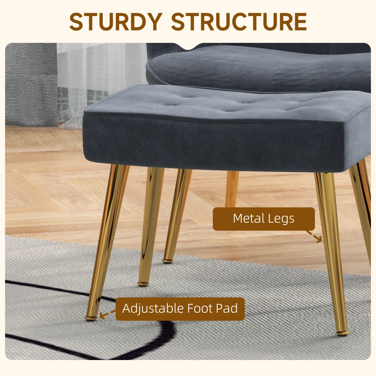 HOMCOM Armchair Footstool Button Tufted Gold Legs - Armchair