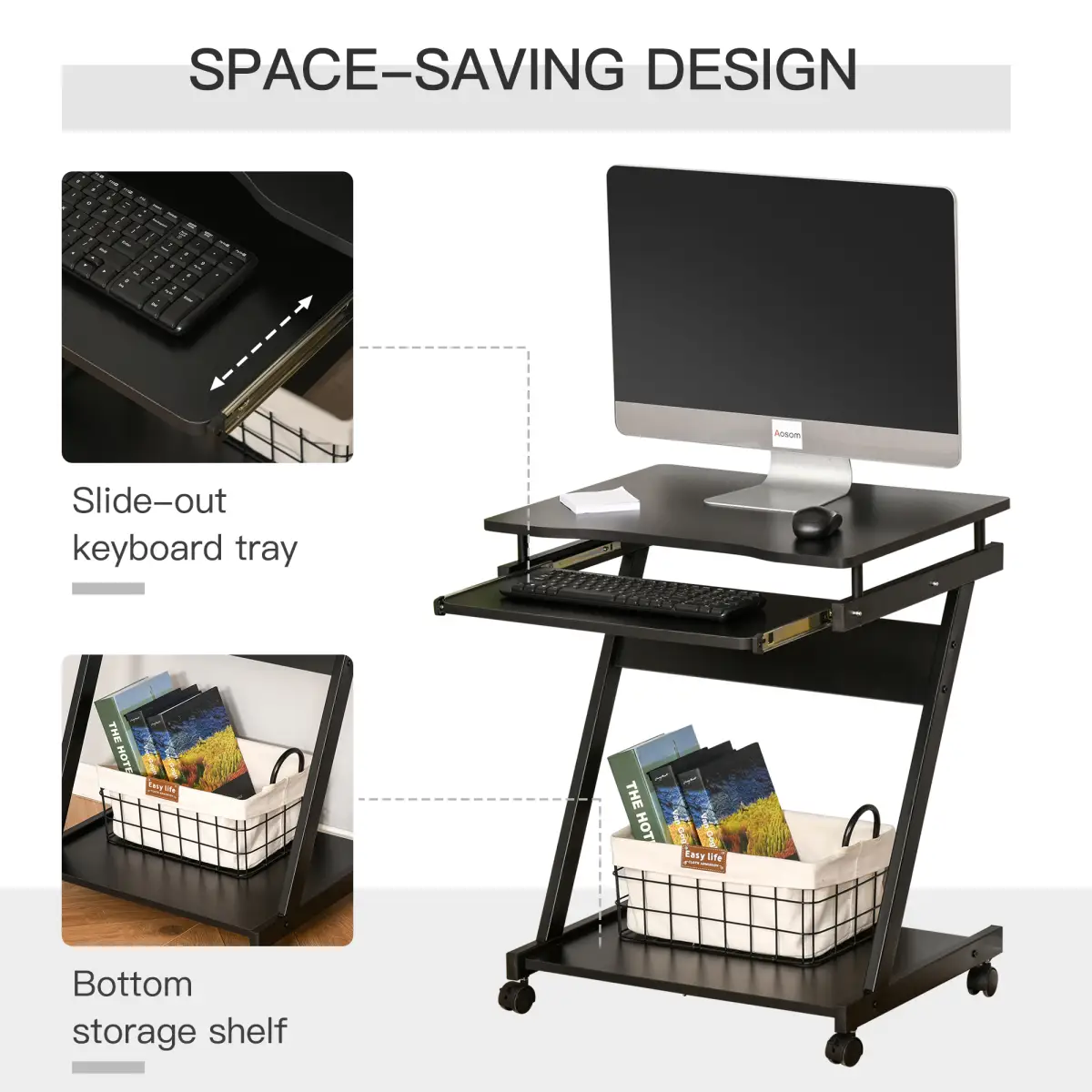 Unbranded Movable Computer Desk with 4 Moving Wheels Sliding Keyboard Tray Black - Desk
