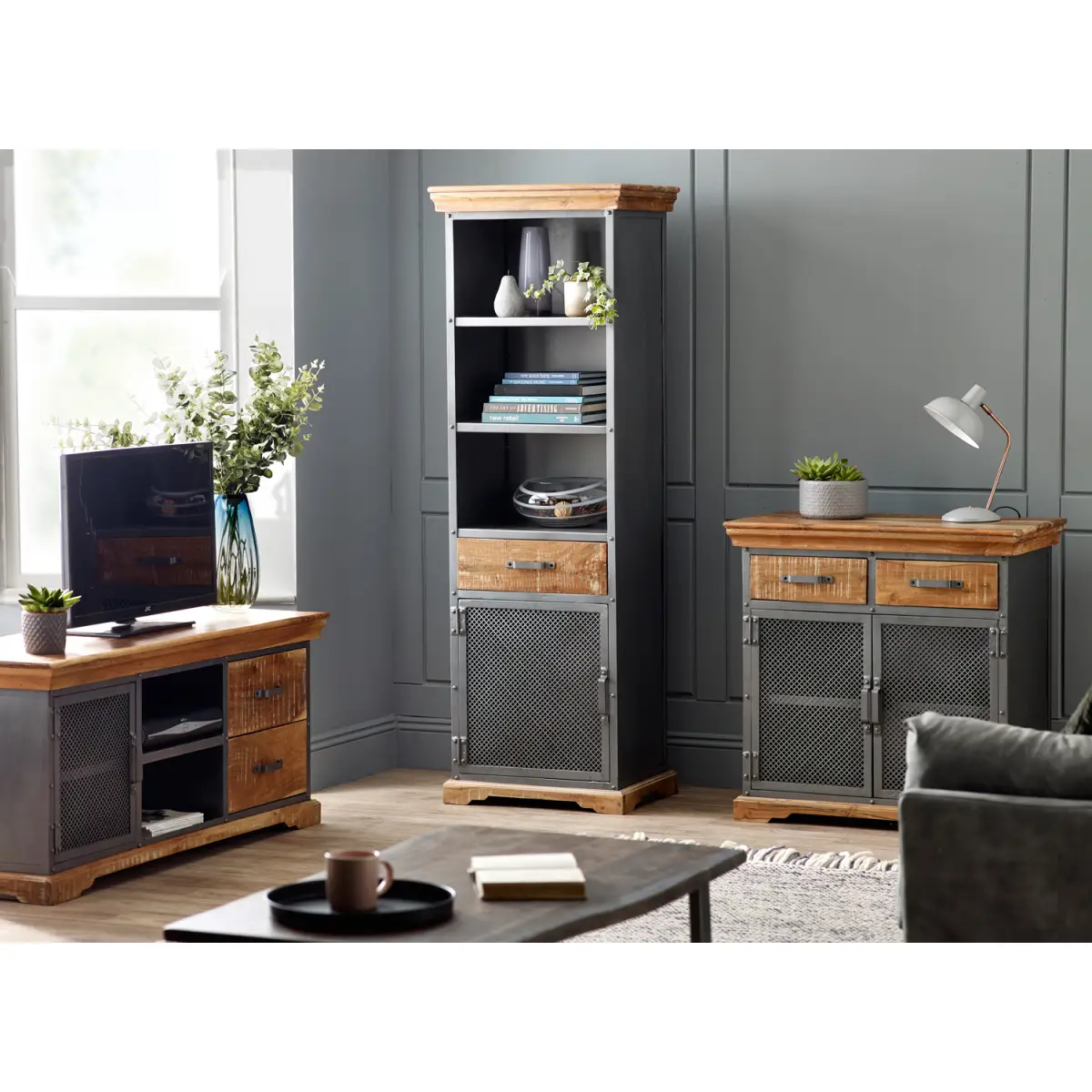 Indian Hub [Industrial-Style Media Console] TV Unit Brand: Indian Hub Reclaimed Wood And Metal Construction With Distressed Finish - TV Unit