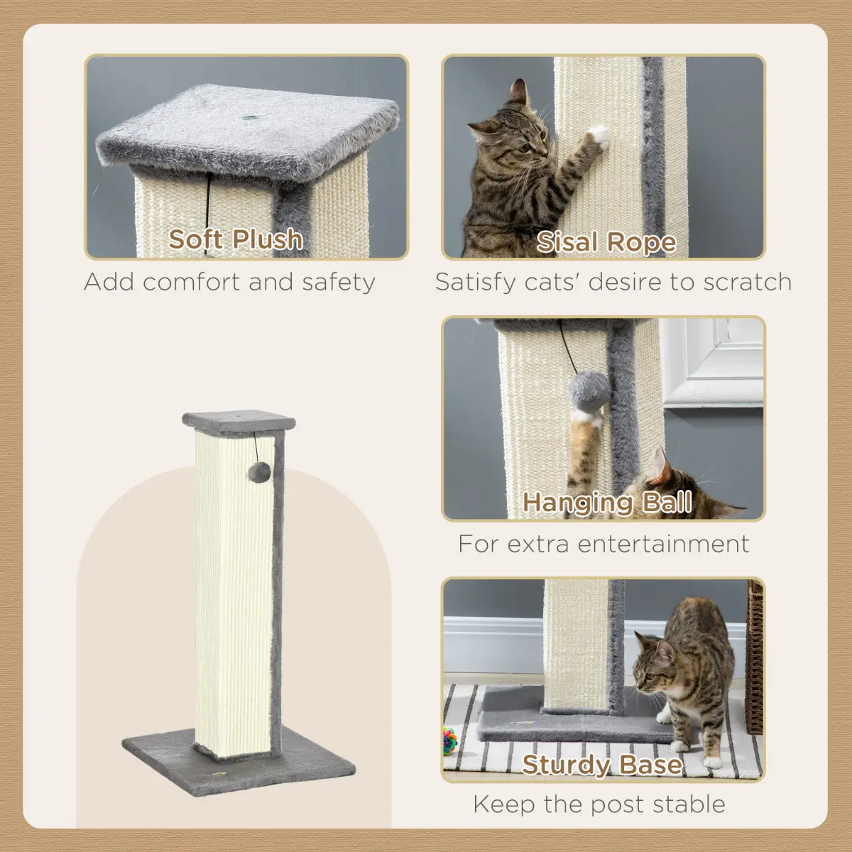 PawHut Cat Scratching Post 81cm Cat Scratcher w/ Natural Sisal Rope Hanging Ball Grey - Cat Tree