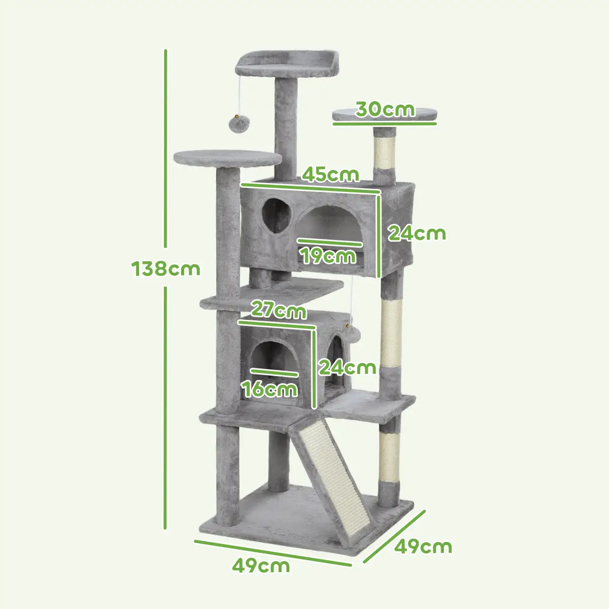PawHut PawHut 138cm Cat Tree with Scratching Posts and Pad, Bed, Condos, Light Grey - Cat Tree