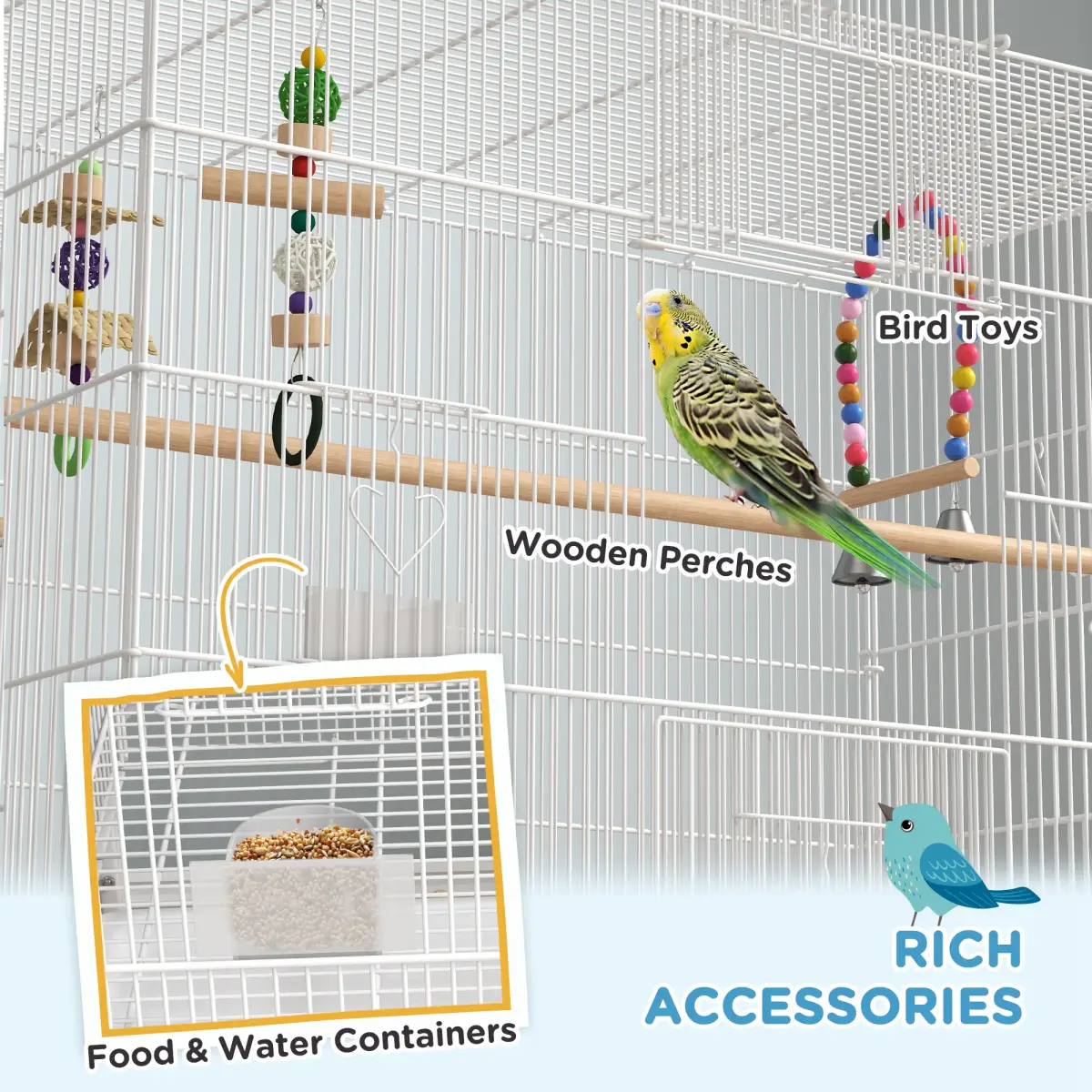 PawHut PawHut Bird Cage with Stand, Wheels, Toys, for Budgies, Finches, White - Bird Cage