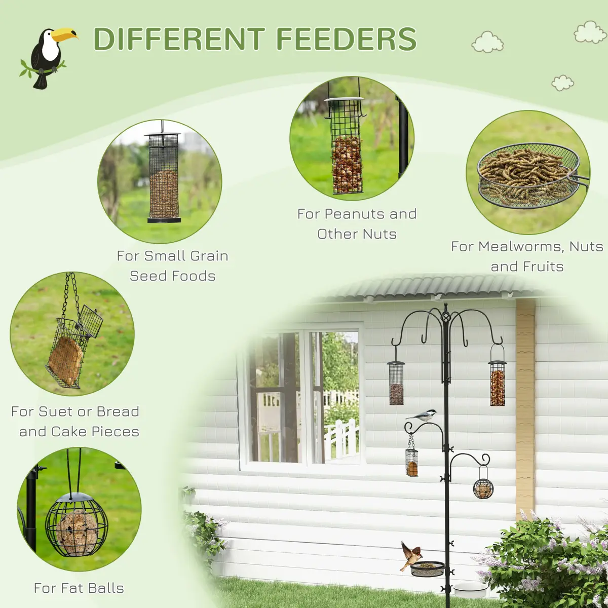 Pawhut Bird Feeding Station Kit Wild Bird Feeder Pole w/ 6 Hooks 4 Hanging Feeders - Bird Feeder