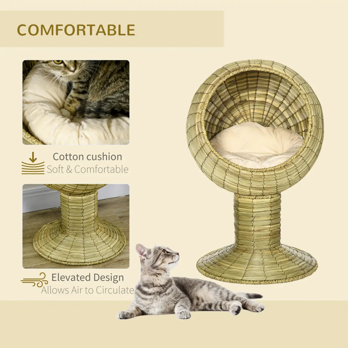 PawHut PawHut Raised Cat House, Natural Mat Grass Cat Bed w/ Stand Cushion, 41x 69 cm - Cat House
