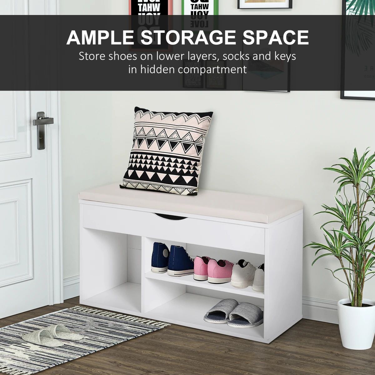 HOMCOM White Wooden Shoes Cabinet Bench With Padded PU Seat And Hidden Storage For Hallway Organization - Shoe Storage