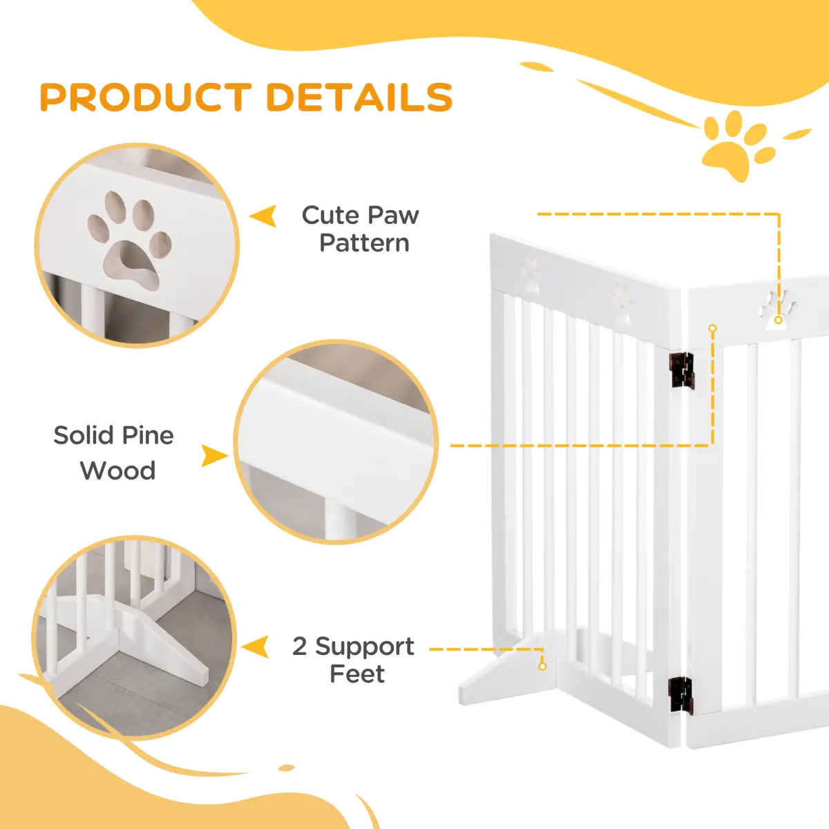 Pawhut Freestanding Pet Gate 4 Panel Folding Wooden Dog Barrier w/ Support Feet - Pet Gate