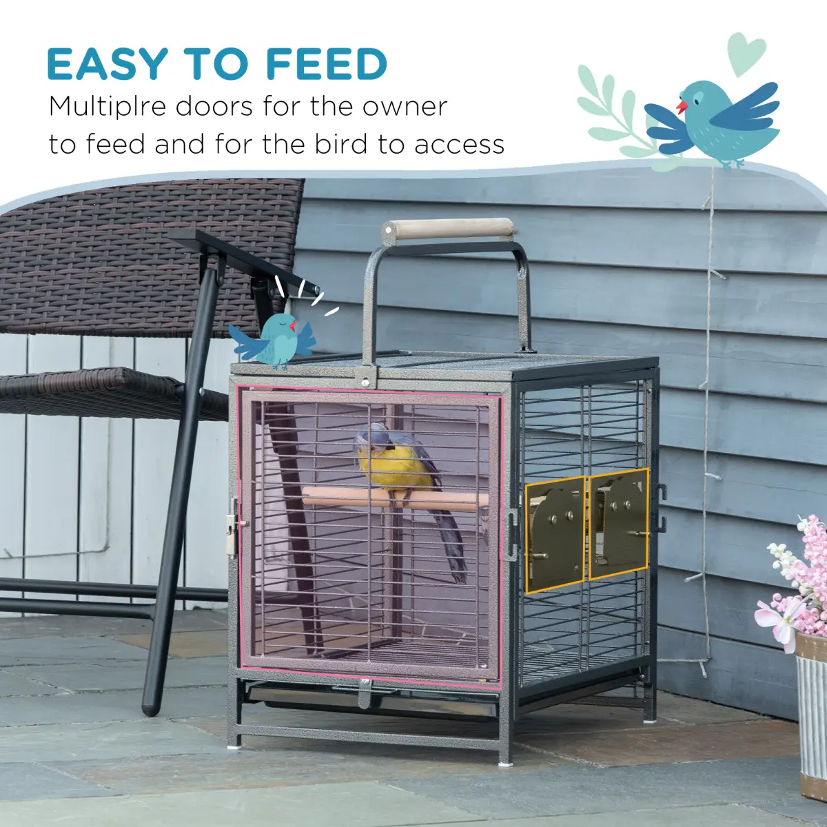 PawHut Parrot Cage Bird Carrier w/ Wooden Perch, Handle - Pet Cage