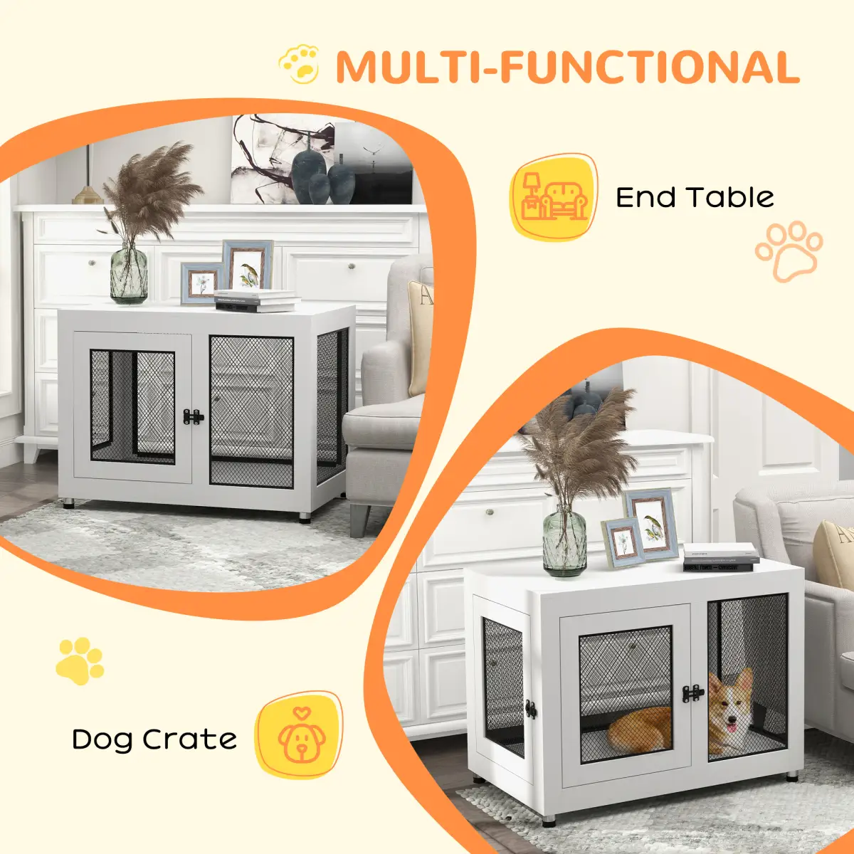 PawHut Dog Kennel Furniture End Table w/ Two Doors, Soft Cushion for Large, Medium Dogs - Dog Kennel
