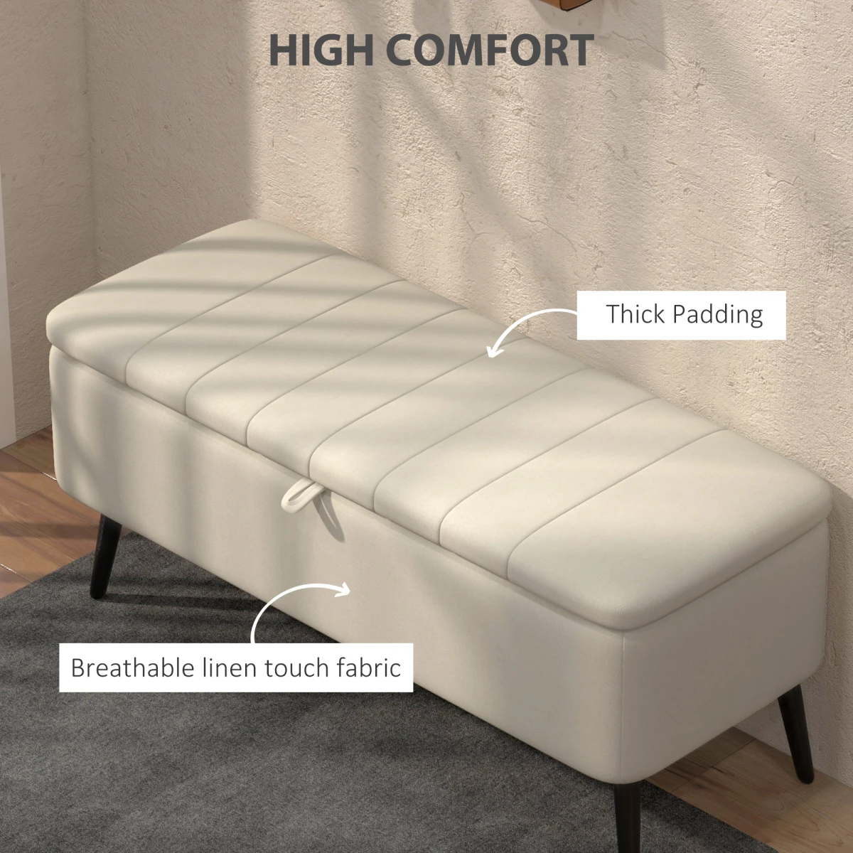 HOMCOM HOMCOM Storage Ottoman Bench Compact Linen Cream White With Under Seat Storage And Padded Lid For Living Room - Footstool