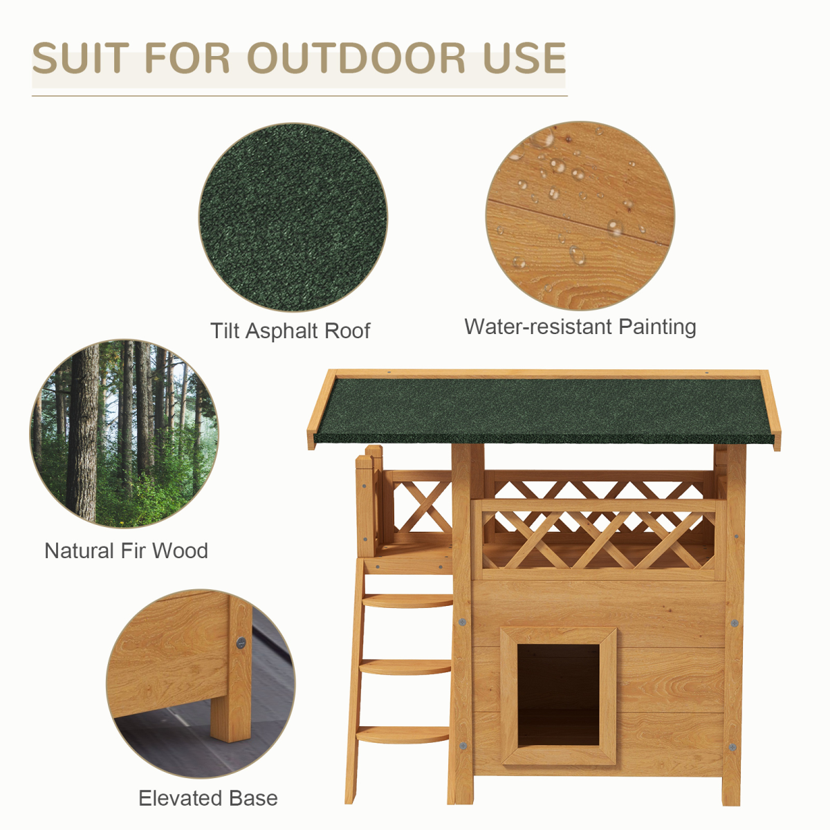 Outdoor Cat House With Balcony And Stairs PawHut Natural Fir Wood Elevated Weatherproof Roof
