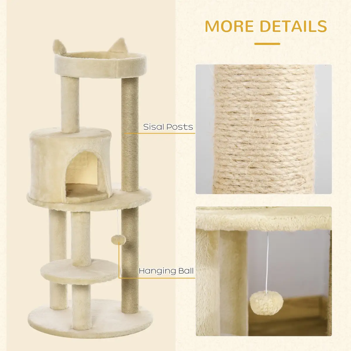 Unbranded 3-Tier Deluxe Cat Activity Tree Scratching Posts Kitten Beige Pawhut - Cat Tree