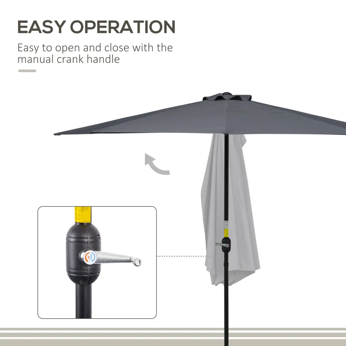 Outsunny 3 m Half Round Umbrella Parasol-Grey Polyester/Aluminum - Parasol