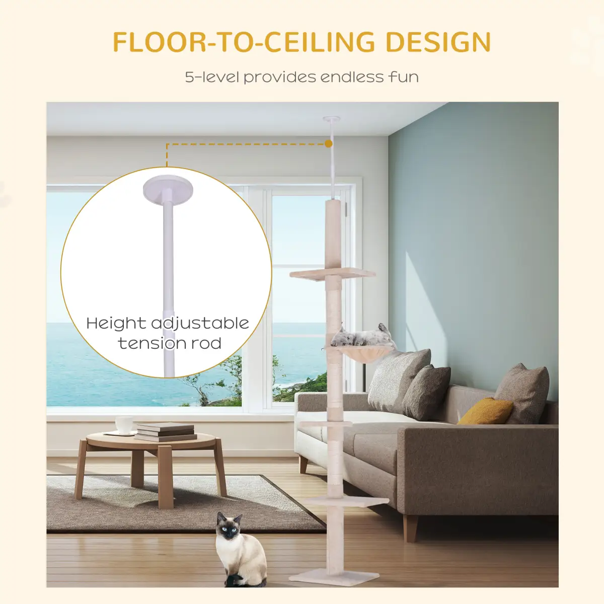 Pawhut Cat Tree Scratching Post Kitty Tower Activity Center 5-Tier Floor to Ceiling - Cat Tree