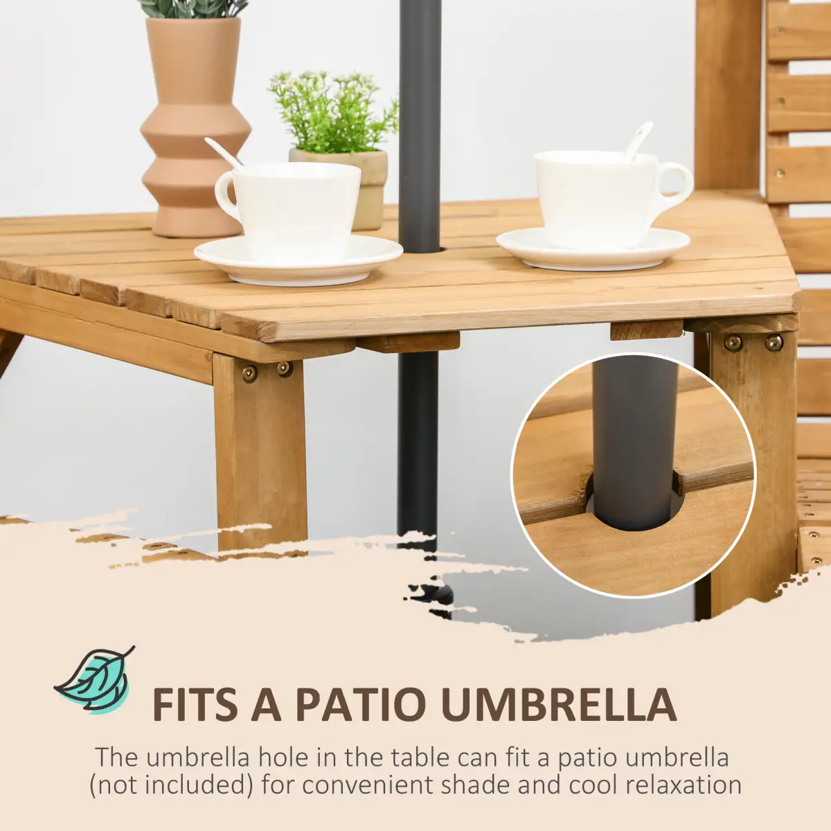 Outsunny Outsunny Wooden Garden Love Seat w/ Coffee Table Umbrella Hole Partner Bench - Garden Chairs