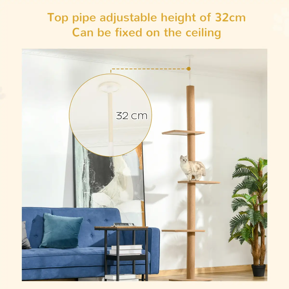 Pawhut 260cm Floor To Ceiling Cat Tree for Indoor Cats w/ Adjustable Height - Brown - Cat Tree
