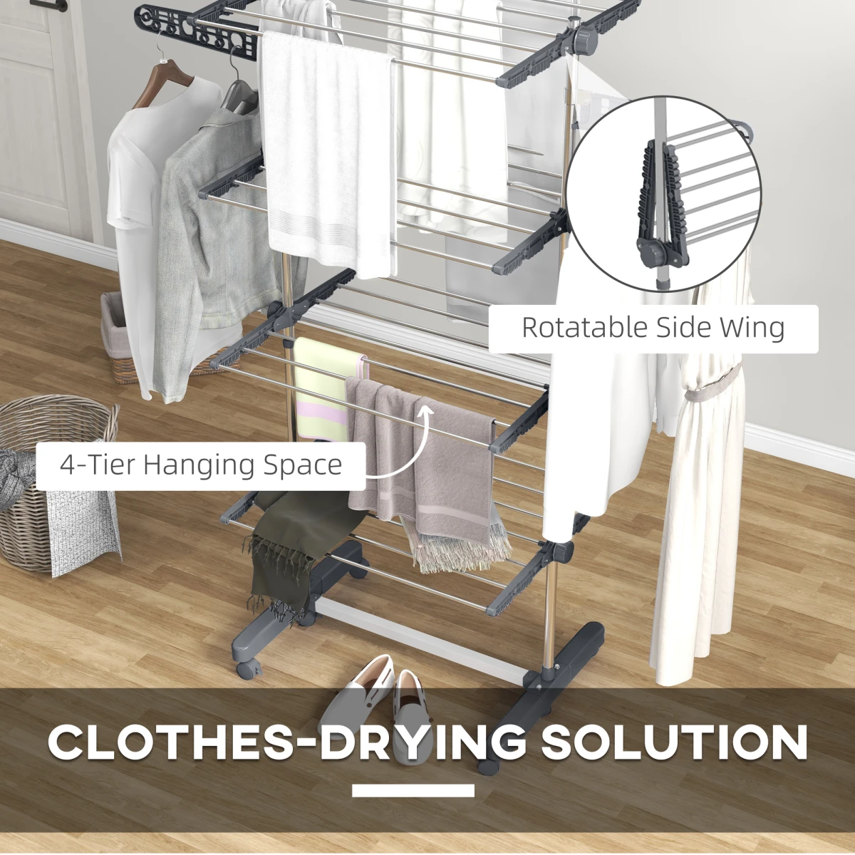 HOMCOM HOMCOM 4-Tier Large Clothes Airer Stainless Steel Clothes Drying Rack Grey - Wine Rack