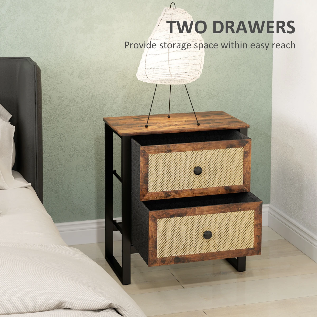 HOMCOM HOMCOM Bedside Table Compact Two Rattan Drawers With Steel Legs Rustic Brown Finish For Bedroom Decor - Bedside Table