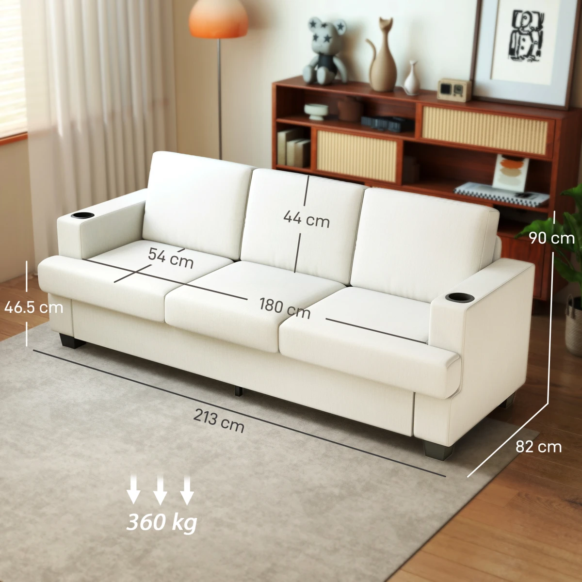 HOMCOM 3 Seater Sofa USB Ports Cup Holders For Home - Sofa