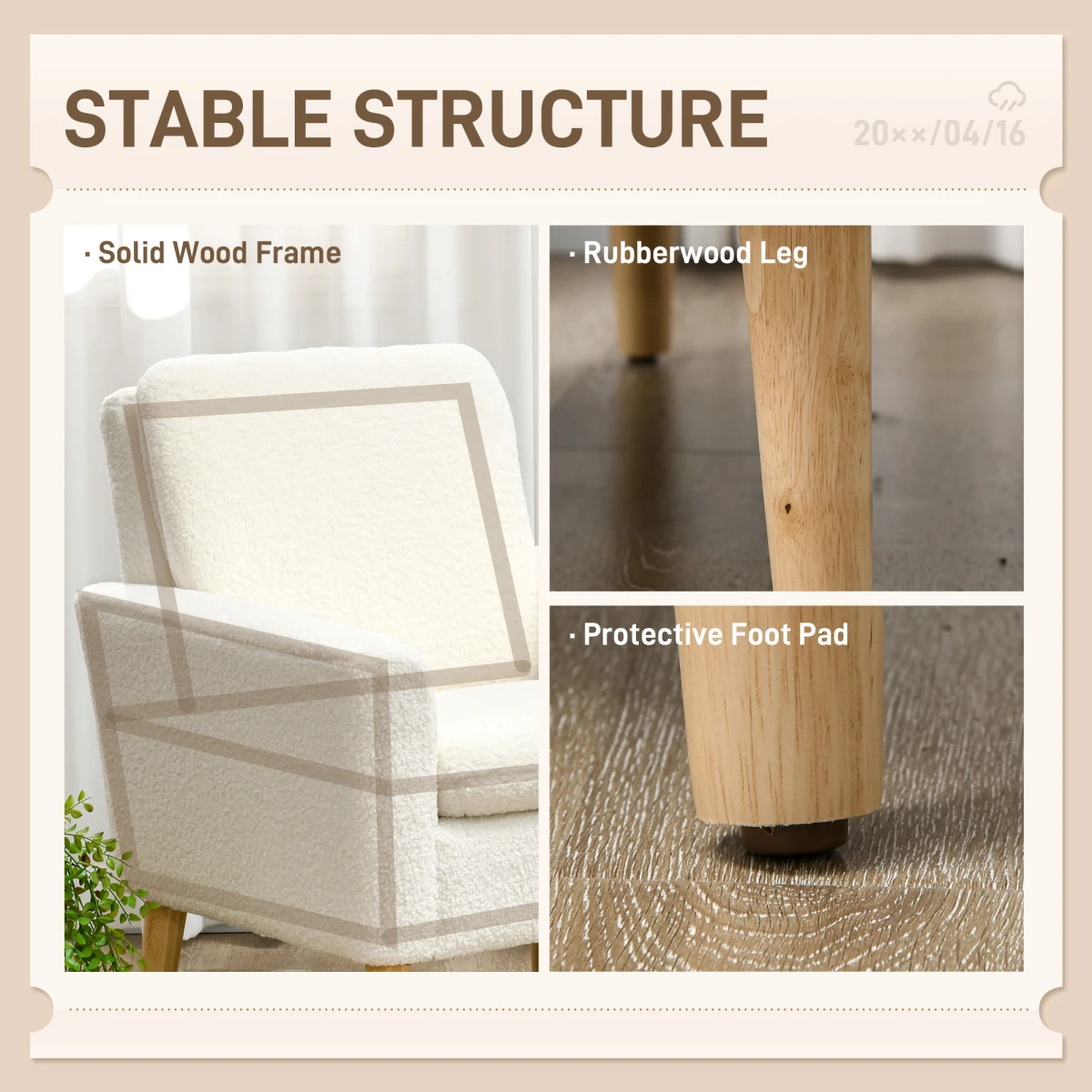 HOMCOM Teddy Armchair Cream Wide Seat With Wood Legs Home -  Accent Chair