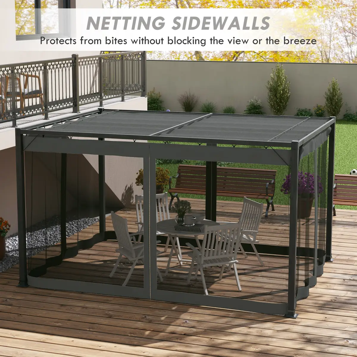 Outsunny Outsunny 3 x 4m Pergola with Retractable Roof and Netting, Dark Grey - Gazebos