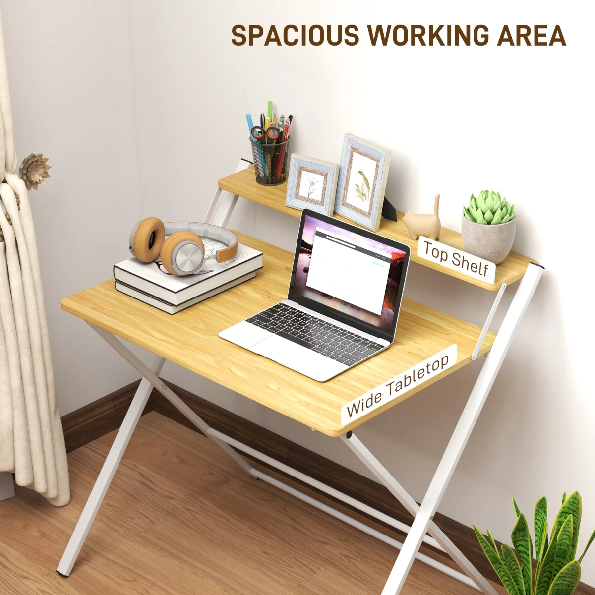 HOMCOM HOMCOM Folding Desk With Two Tier Shelf Maple Wood Effect for Home Office and Bedroom - Desk