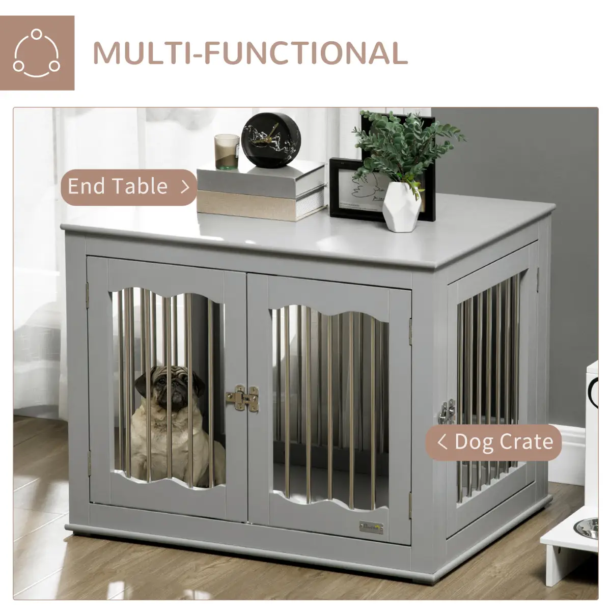 PawHut Wood Dog Crate Furniture W/ Three Doors, Locks & Latches, for Medium Dogs - Dog Crate